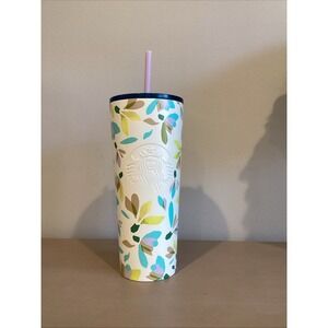 Starbucks Cold Cup Spring Release Steel White Floral Snowdrop Beverage Straw